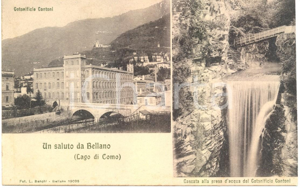 Cartolina originale da collezione 1935 ca BELLANO Vedutine cotonificio CANTONI cascata d'acqua Cartolina FP NV 1