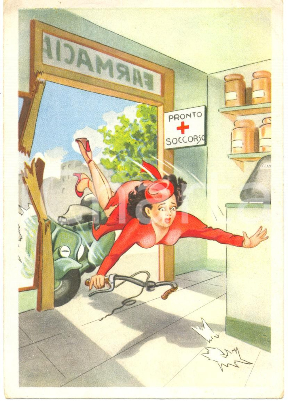 Cartolina originale da collezione 1959 CODICE STRADALE Schianto di donna in Lambretta Cartolina satirica FG NV 1