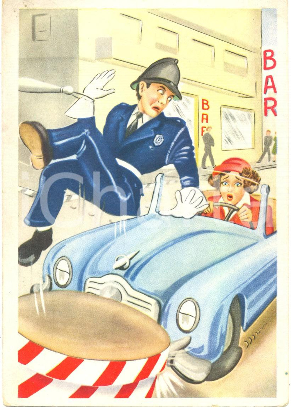 Cartolina originale da collezione 1959 CODICE STRADALE Donna al volante travolge vigile Cartolina satirica FG NV 1