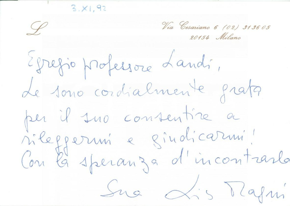 Autografo originale 1992 MILANO Lisetta FASIANI MAGNI ringrazia per il sostegno Biglietto AUTOGRAFO 1