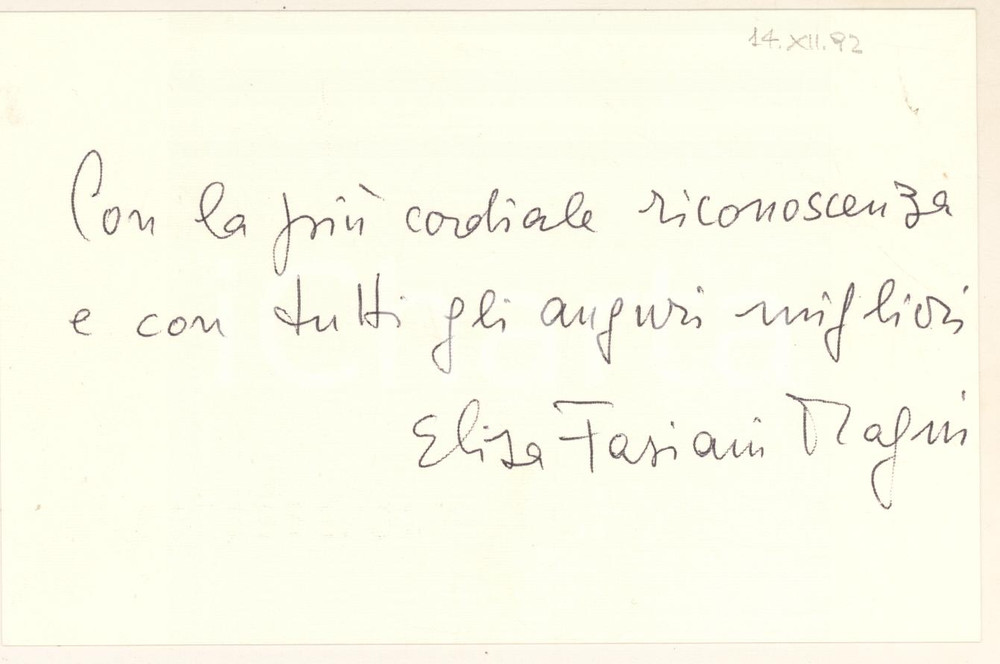 Autografo originale 1992 MILANO Elisa FASIANI MAGNI invia auguri per NATALE *Biglietto AUTOGRAFO 1