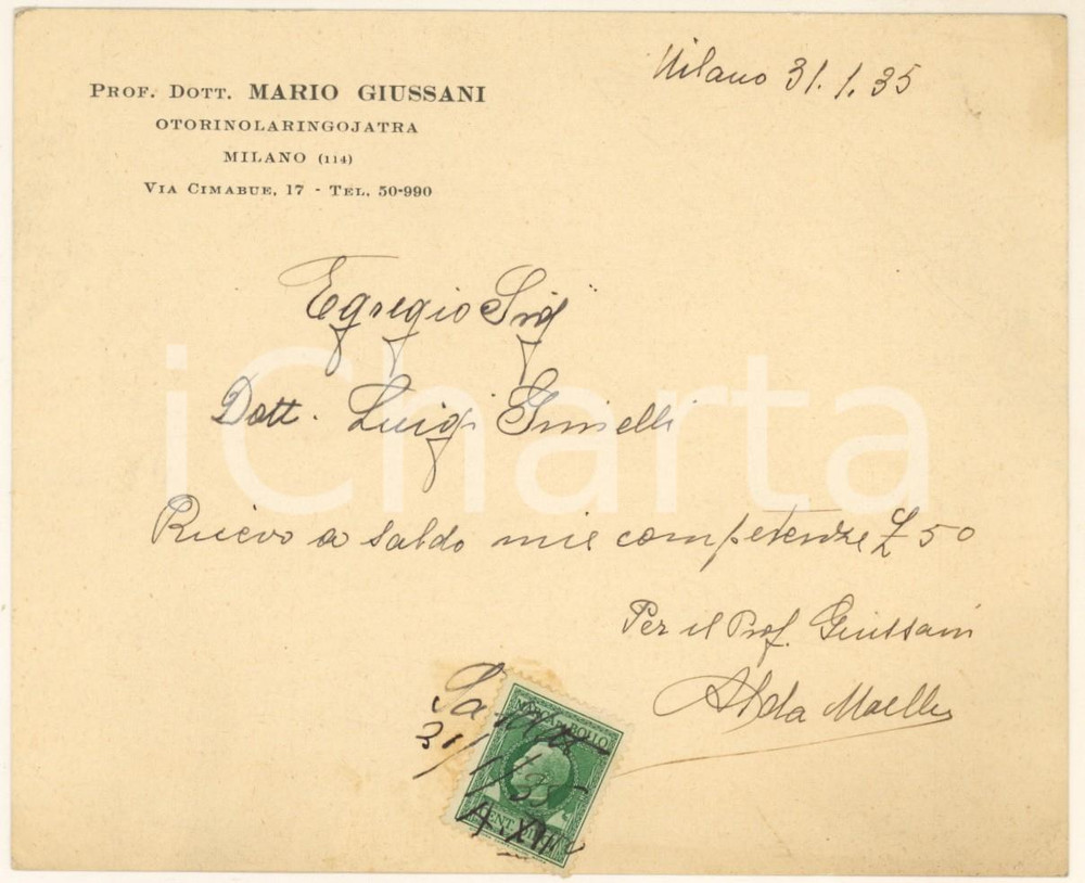 Documento originale, autentico 1935 MILANO Prof. Mario GIUSSANI otorinolaringoiatra Ricevuta manoscritta 1