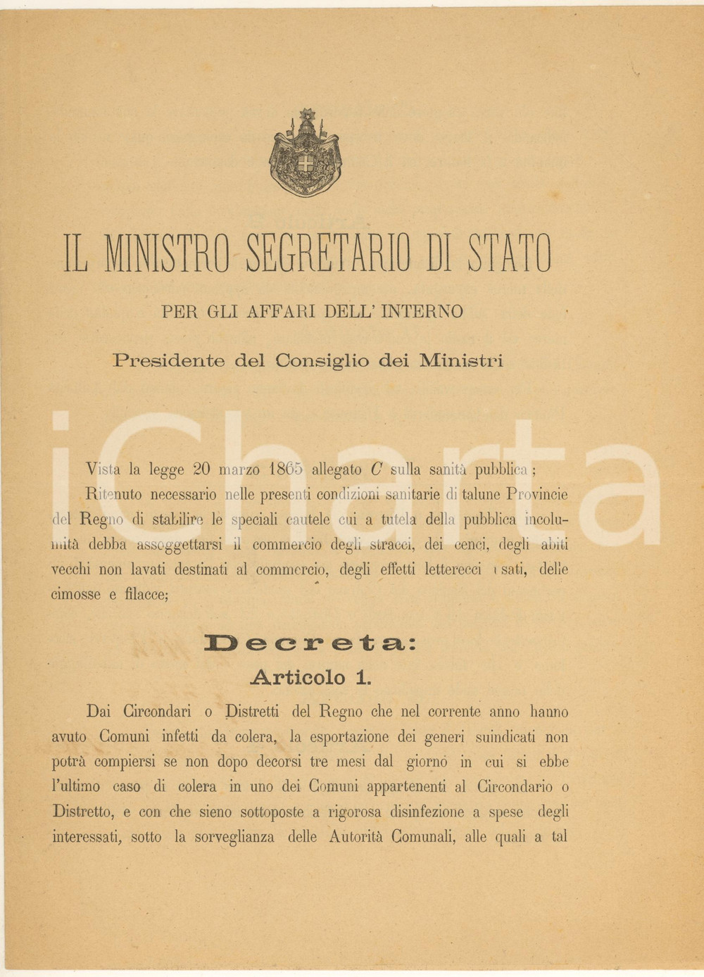 Documento originale, autentico 1886 REGNO D ITALIA Norme commercio stracci e abiti durante il colera Documento 1