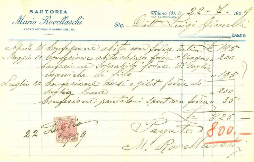 Documento originale, autentico 1929 MILANO via Terraggio 1  Sartoria Mario ROVELLASCHI  Fattura 1