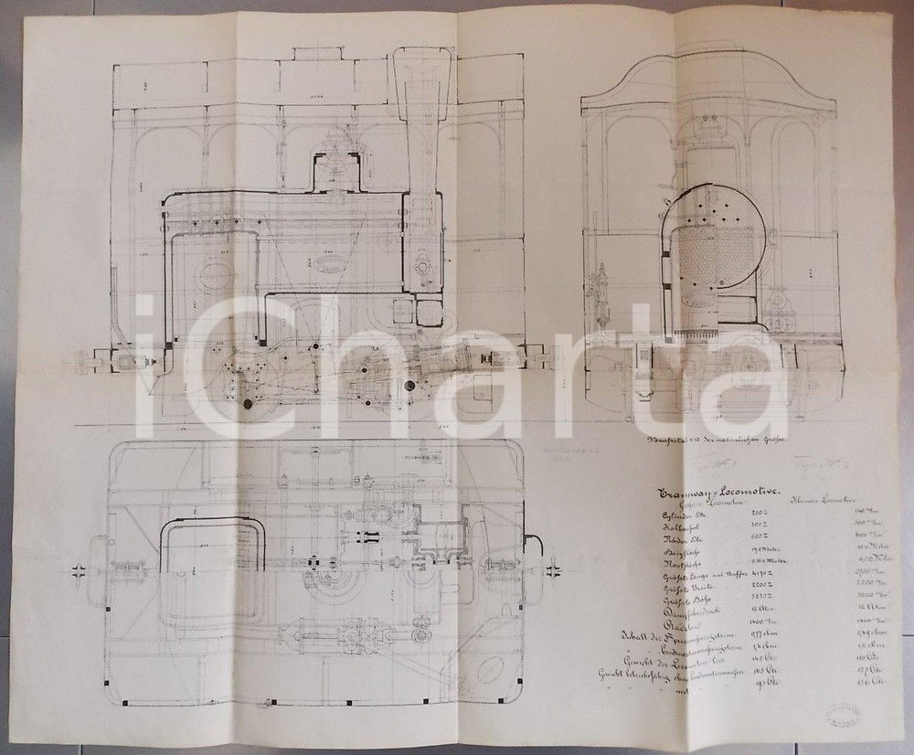 Stampa, bozzetto originale 1890 ca CASSEL D Progetto locomotiva tramway HENSCHEL & SOHN 1