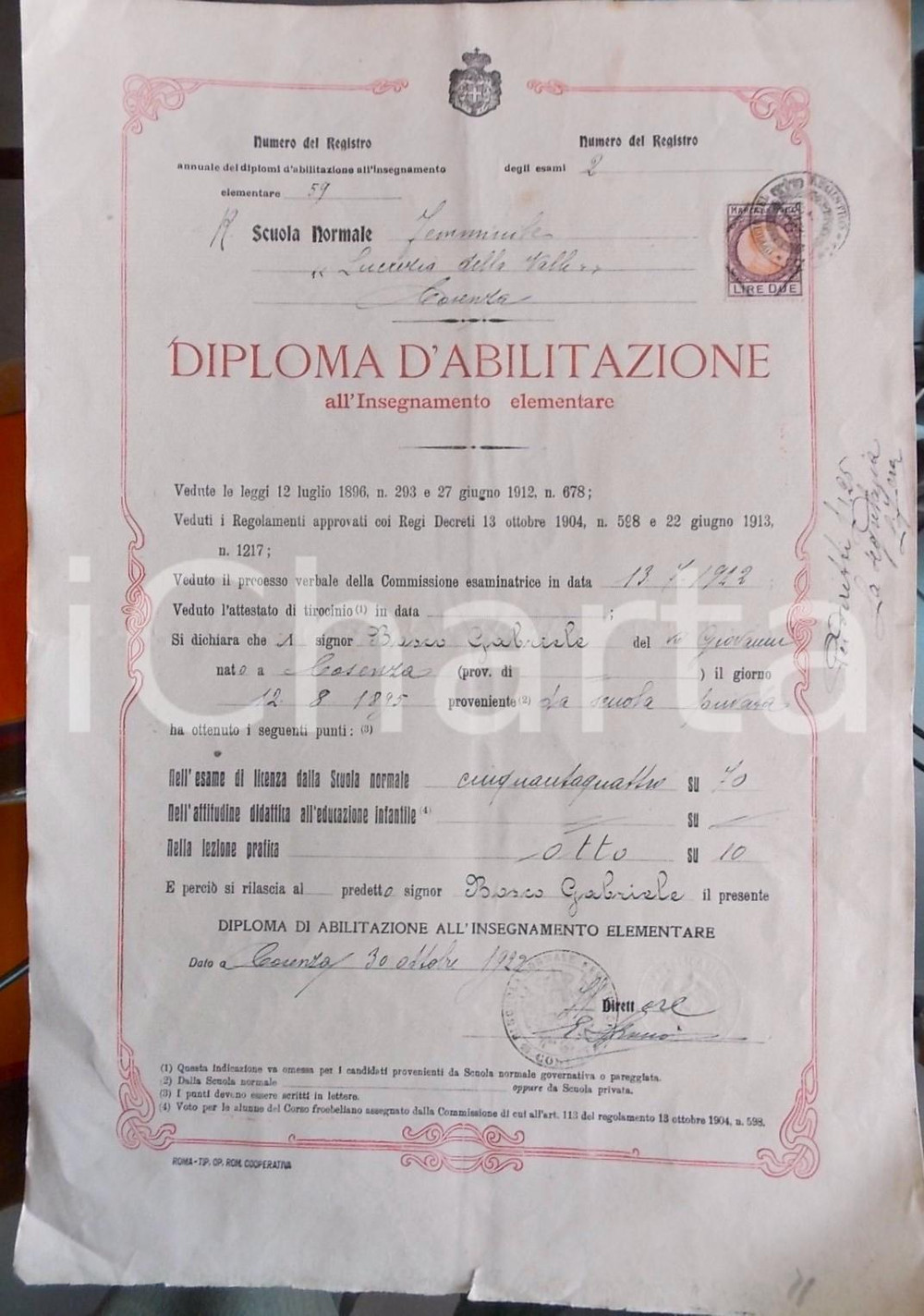 Documento originale, autentico 1922 COSENZA Scuola Normale Femm. LUCREZIA DELLA VALLE Diploma Gabriele BOSCO 1