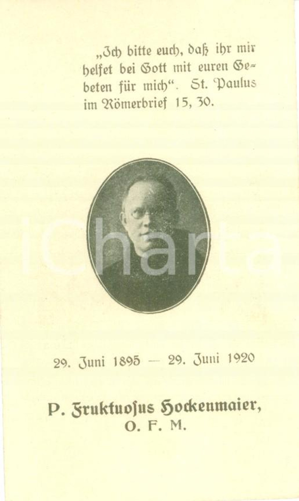 Oggetto da collezione cartaceo 1920 O.F.M. Santino di Padre Fruktuosus HOCKENMAIER con ritratto 1