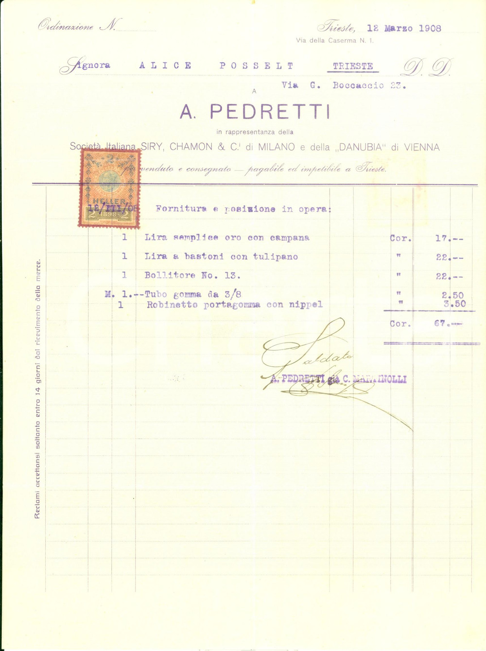 Documento originale, autentico 1908 TRIESTE Ditta PEDRETTI rappresentante SIRY CHAMON & C.i e DANUBIA Fattura 1
