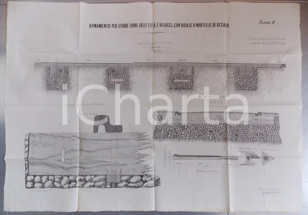 Stampa, bozzetto originale 1877 MILANO Ing. Angelo AVESANI Progetto armamenti tranvia a vapore LODISONCINO 1