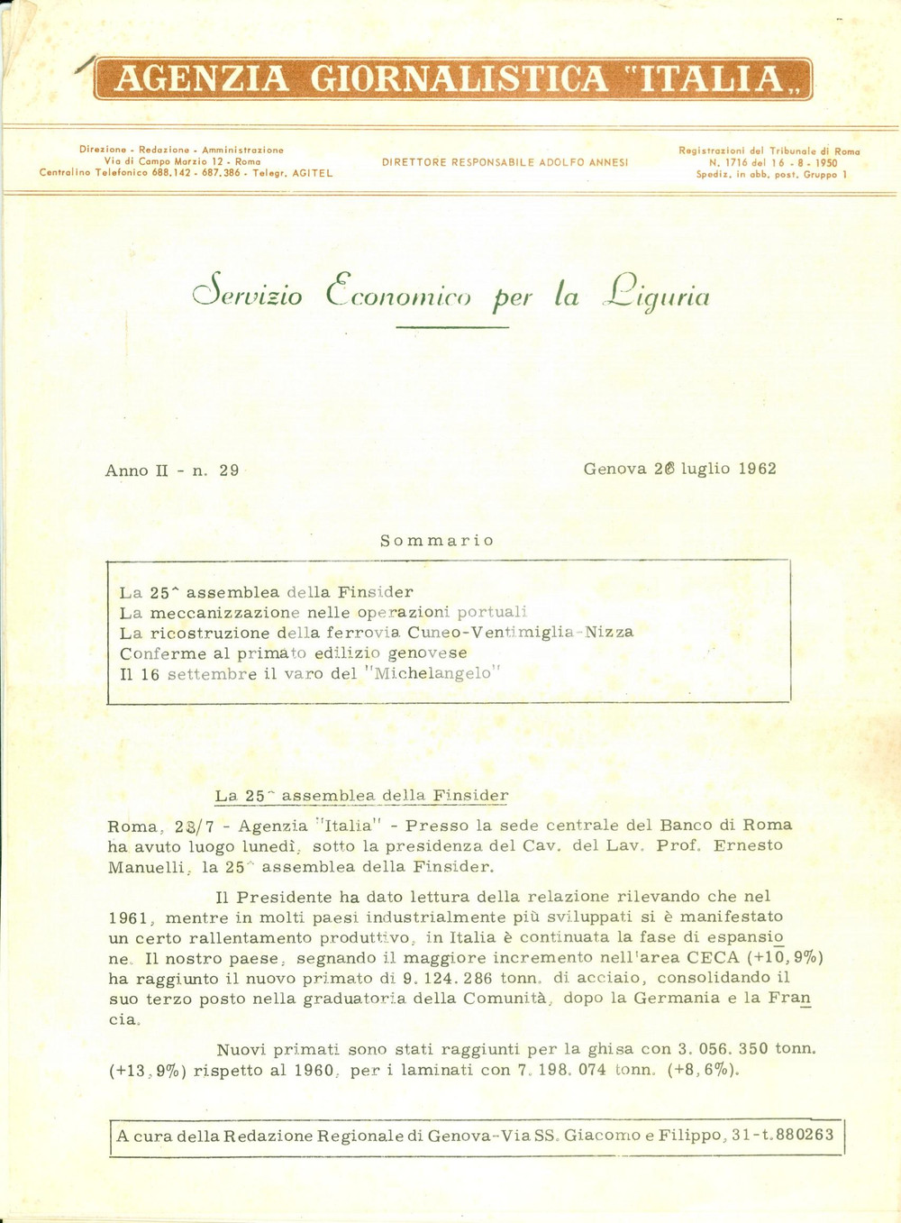 Giornale, rivista storica 1962  AGENZIA GIORNALISTICA ITALIA 25 assemblea FINSIDER Rivista 1