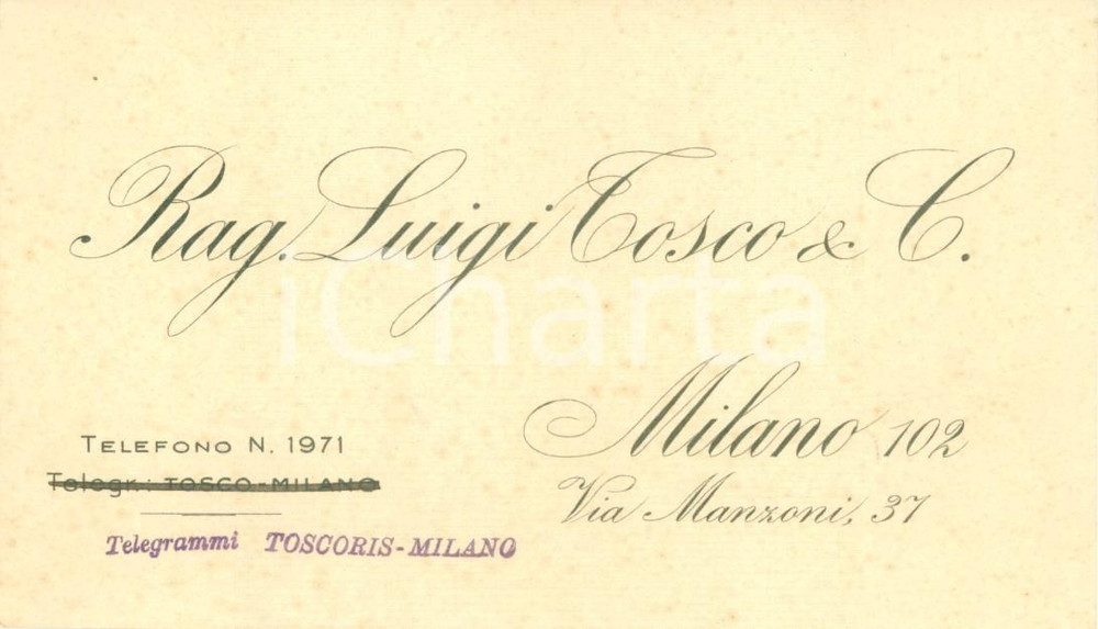 Oggetto da collezione cartaceo 1927 MILANO VIA MANZONI 37 Rag. Luigi TOSCO & C.Biglietto da visita 1