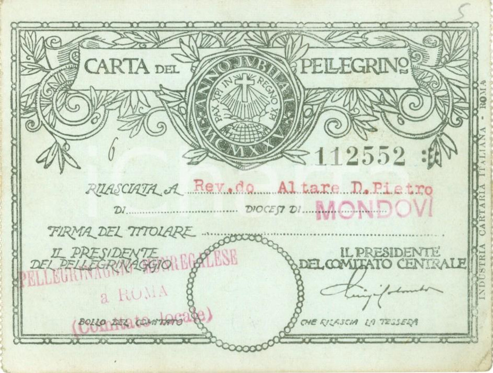 Oggetto da collezione cartaceo 1950 ca MONDOVI  Pellegrinaggio Monregalese a ROMA Tessera Rev. Pietro ALTARE 1