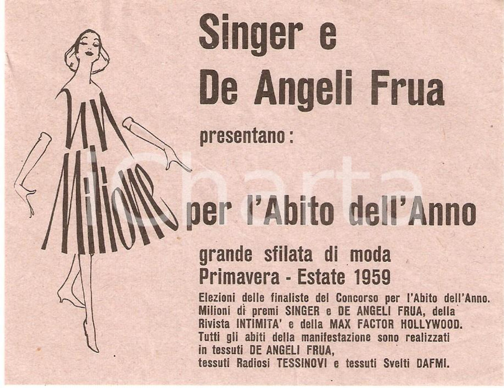 Materiale pubblicitario d’epoca 1959 SINGER  DE ANGELI FRUA Sfilata 1 milione per l abito dell anno Volantino 1