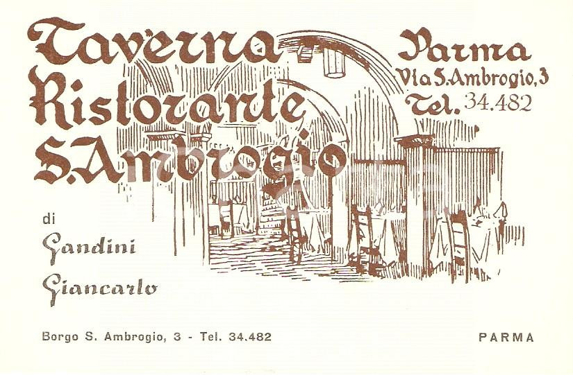Materiale pubblicitario d’epoca 1960 ca PARMA Taverna SANT AMBROGIO di Giancarlo GANDINI Cartoncino 1