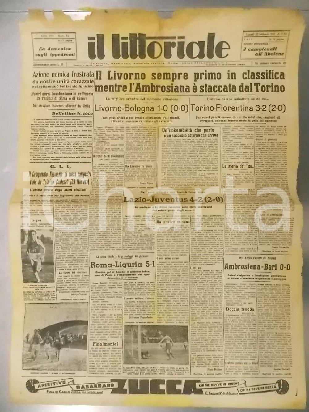 Giornale, rivista storica 1943 WW2 IL LITTORIALE Livorno sempre prima in classifica Giornale DANNEGGIATO 1