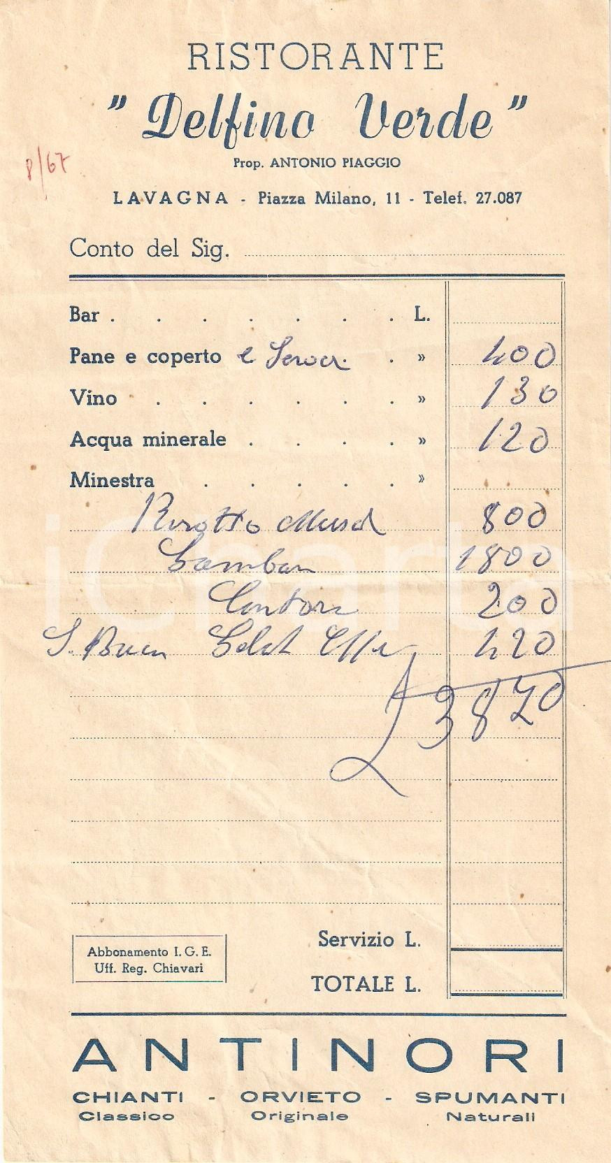 Materiale pubblicitario d’epoca 1967 LAVAGNA GE Ristorante DELFINO VERDE Spumanti ANTINORI Ricevuta 1