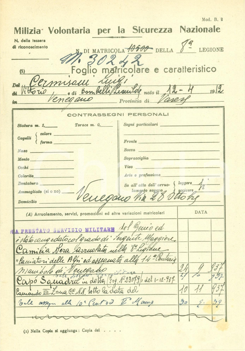 Documento originale, autentico 1944 VENEGONO (VA) 8^ Legione MVSN Luigi CERMISANI foglio matricolare 1