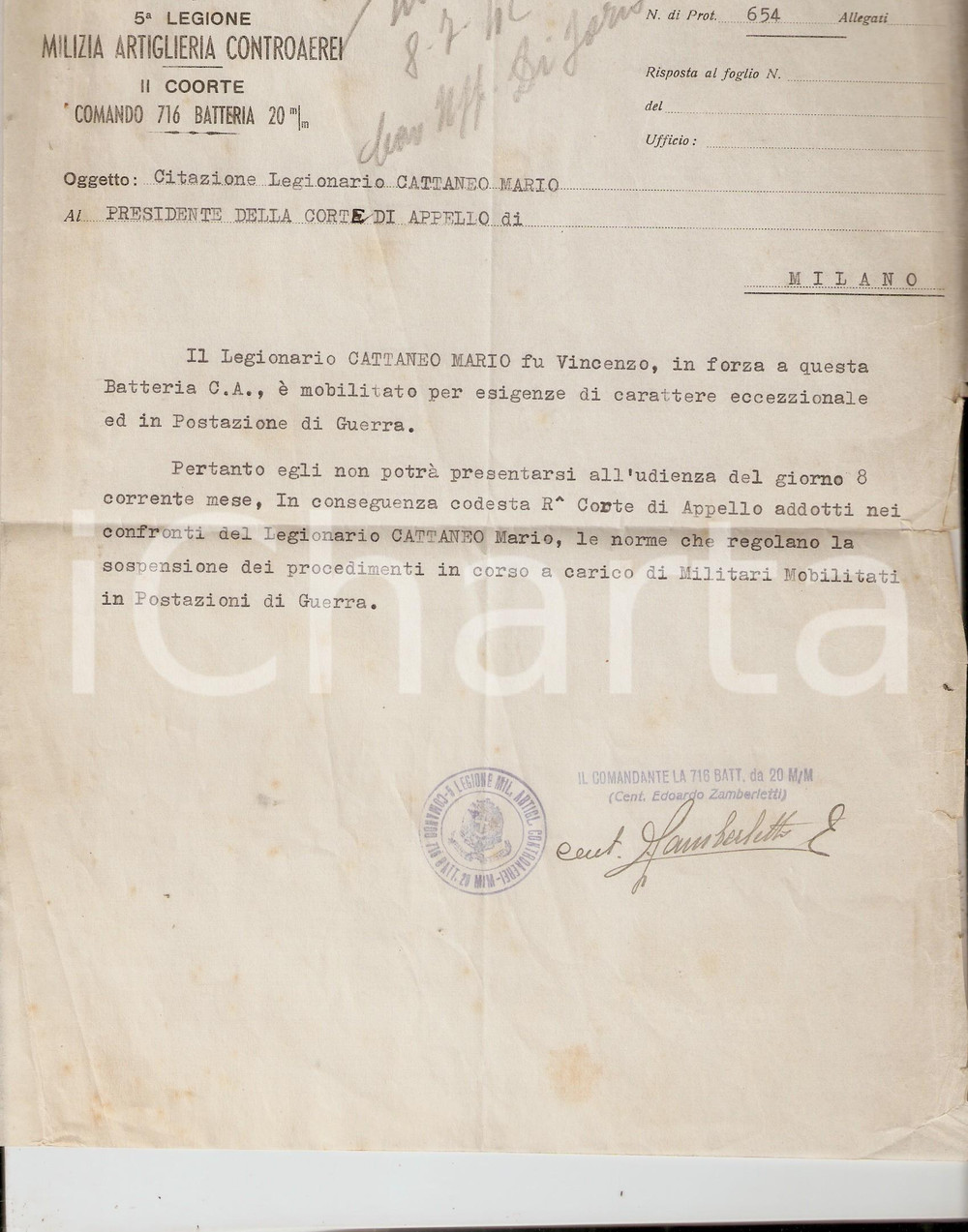 Documento originale, autentico 1942 MILANO 5^ Legione Milizia Artiglieria Controaerei Mario CATTANEO mobilitato 1
