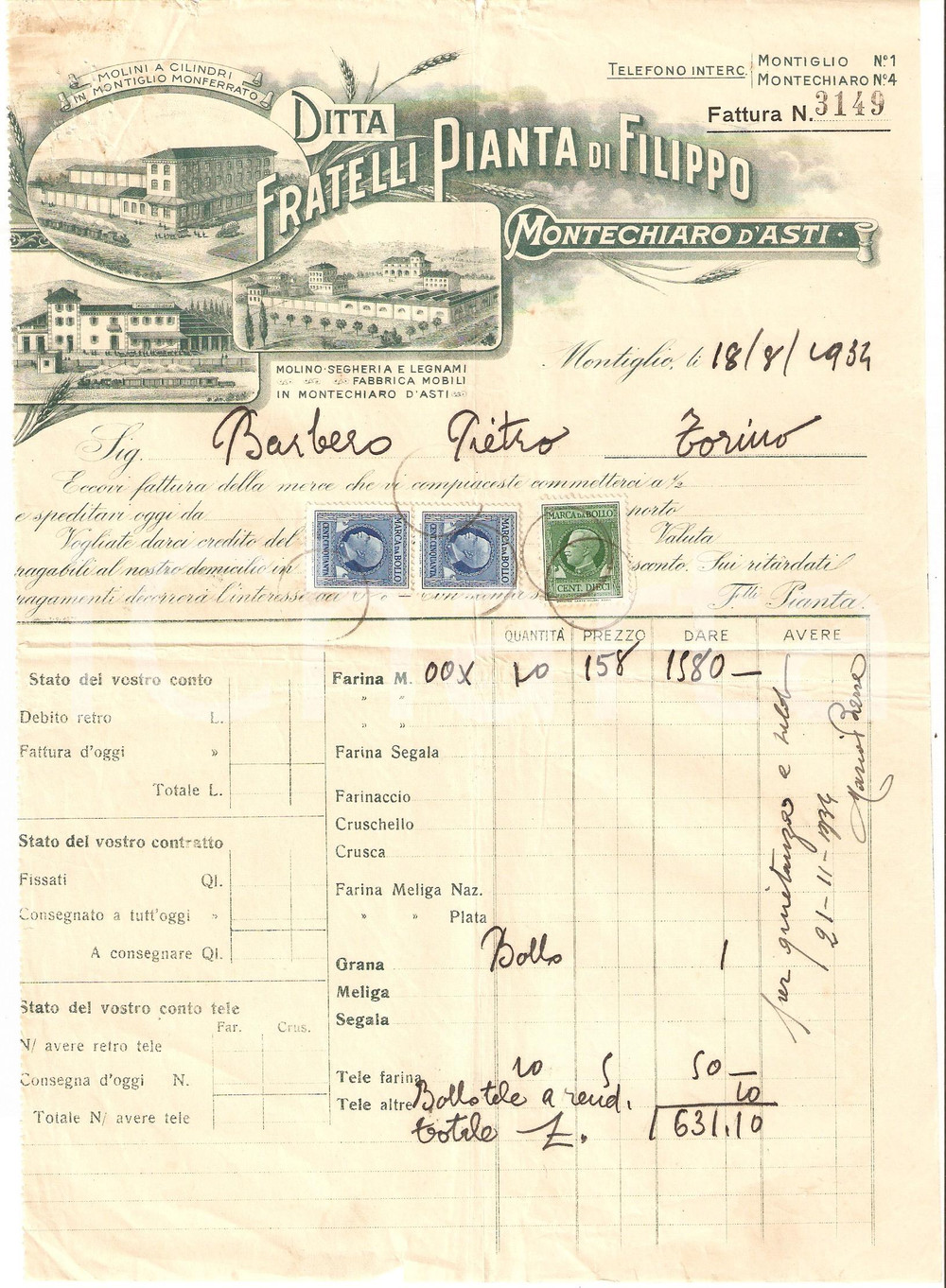 Documento originale, autentico 1934 MONTECHIARO D ASTI Fratelli PIANTA Vendita farina e macinati Fattura 1 1