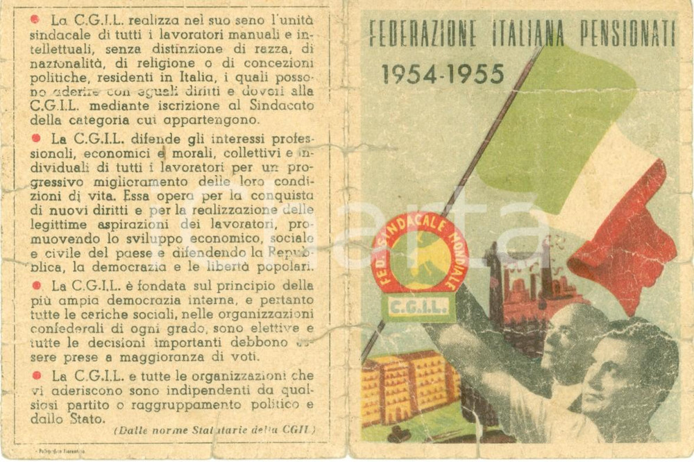 Oggetto da collezione cartaceo 1954 MILANO Sindacato CGIL Federazione pensionati Tessera Giuseppe TECCHIA 1