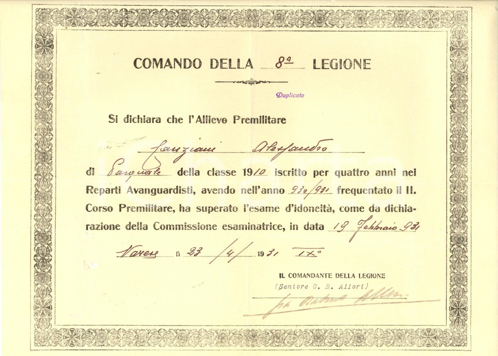 Documento originale, autentico 1931 VARESE 8 Legione MVSN Attestato Alessandro CANZIANI per Corsi Premilitari 1