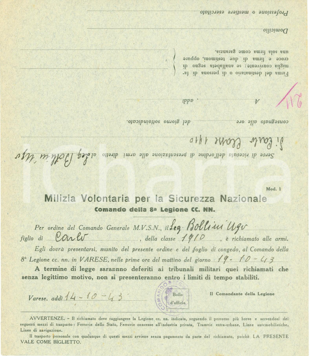 Documento originale, autentico 1943 VARESE WW2 Ugo BOLLINI 8^ Legione Camicie Nere richiamato alle armi 1