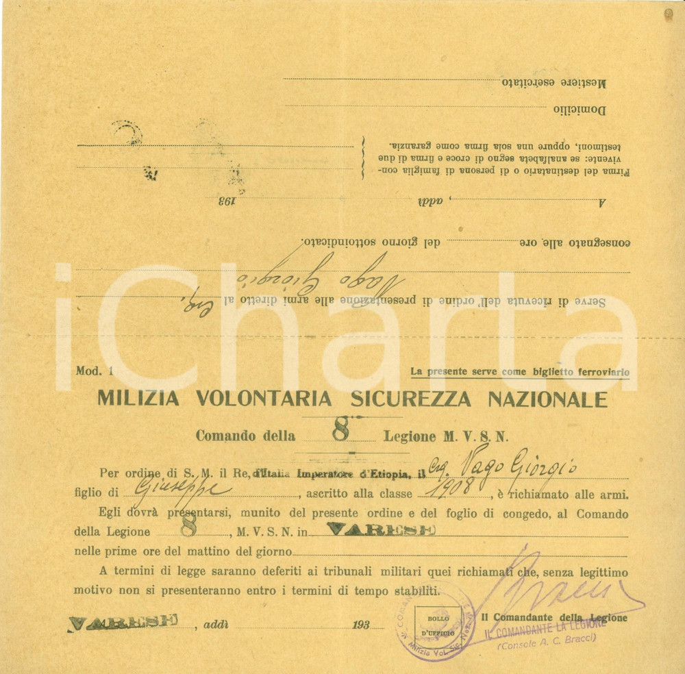 Documento originale, autentico 1940 ca VARESE WW2 Giorgio VAGO 8^ Legione Camicie Nere richiamato alle armi 1