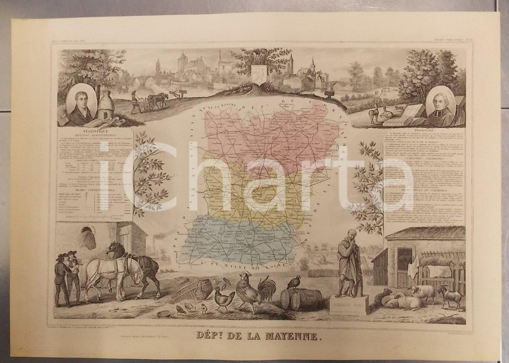 Stampa, bozzetto originale 1861 PARIS Atlas National de la France illustré  Département de la MAYENNE n.52 1