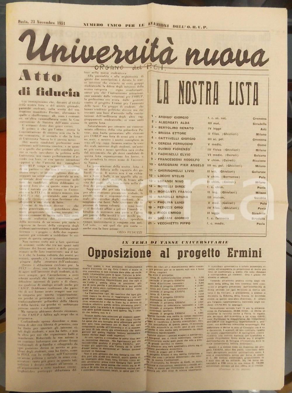 Giornale, rivista storica 1951 PAVIA UNIVERSITA  NUOVA Numero unico per le elezioni ORUP Giornale 1