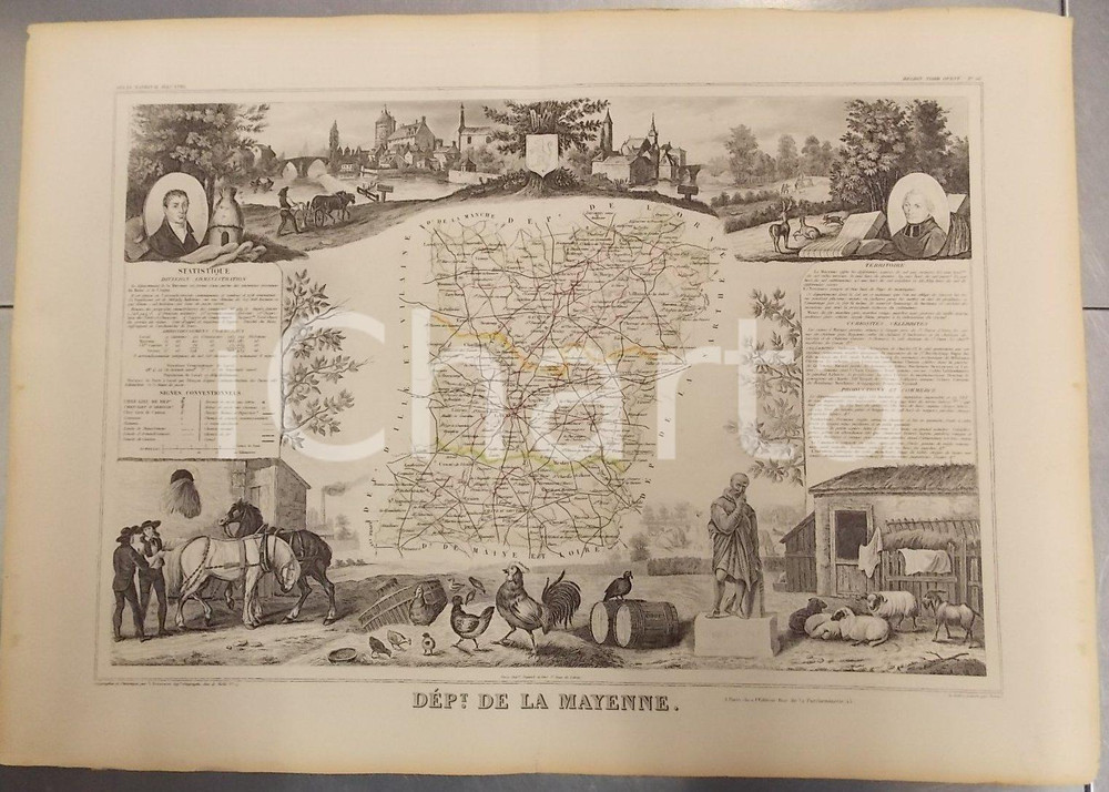Stampa, bozzetto originale 1861 PARIS Atlas National de la France illustré  Département MAYENNE n. 52 1 1
