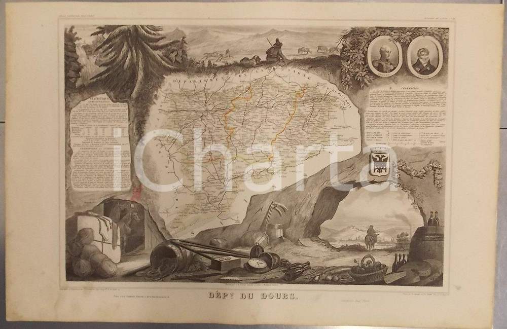 Stampa, bozzetto originale 1861 PARIS Atlas National de la France  illustré  Département du DOUBS n° 242 1