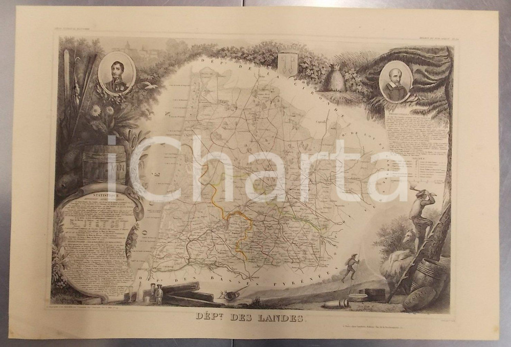 Stampa, bozzetto originale 1861 PARIS Atlas National de la France illustré Département des LANDES n° 39 1 1