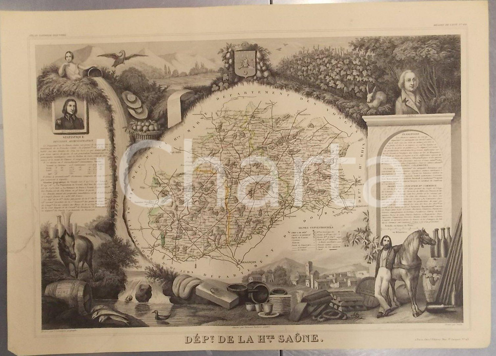 Stampa, bozzetto originale 1861 PARIS Atlas National de la France  illustré  Département HAUTE SAONE n° 69 1