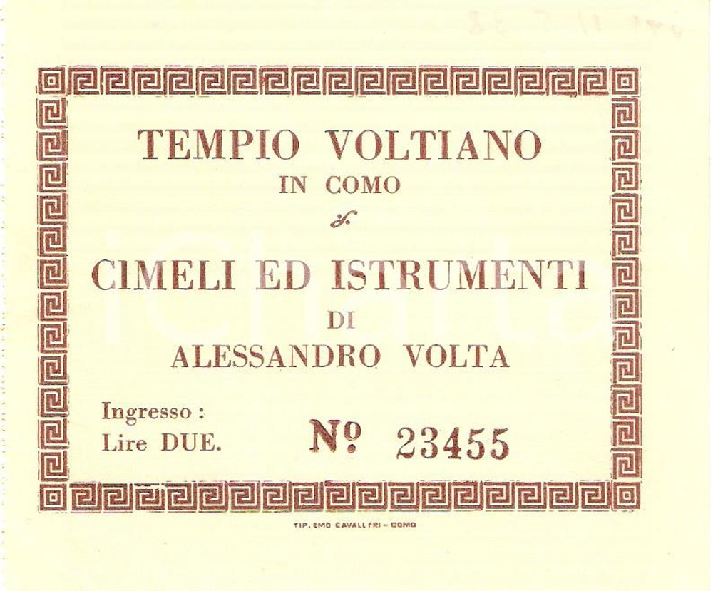 Oggetto da collezione cartaceo 1938 COMO Tempio Voltiano Cimeli ed istrumenti di Alessandro VOLTA *Biglietto 1
