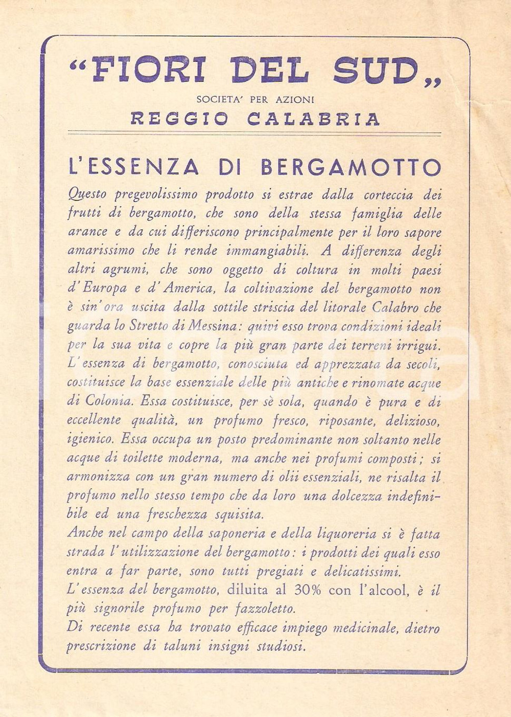 Materiale pubblicitario d’epoca 1950 ca REGGIO CALABRIA  FIORI DEL SUD S.P.A. Essenza di bergamotto Volantino 1