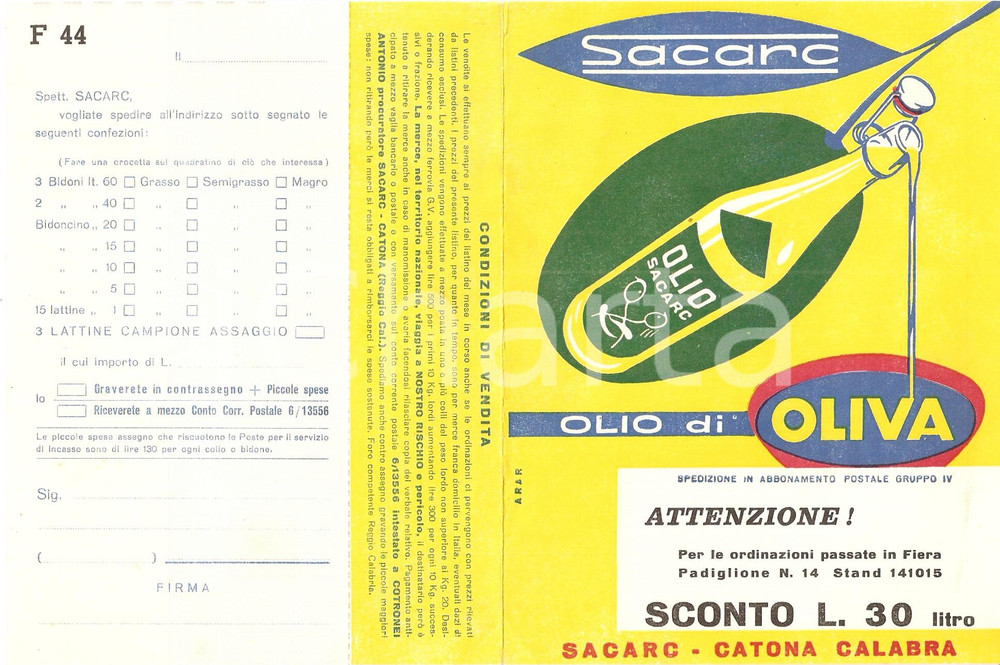 Materiale pubblicitario d’epoca 1966 CATONA REGGIO CALABRIA Olio di oliva SACARC Modulo per ordini ILLUSTRATO 1