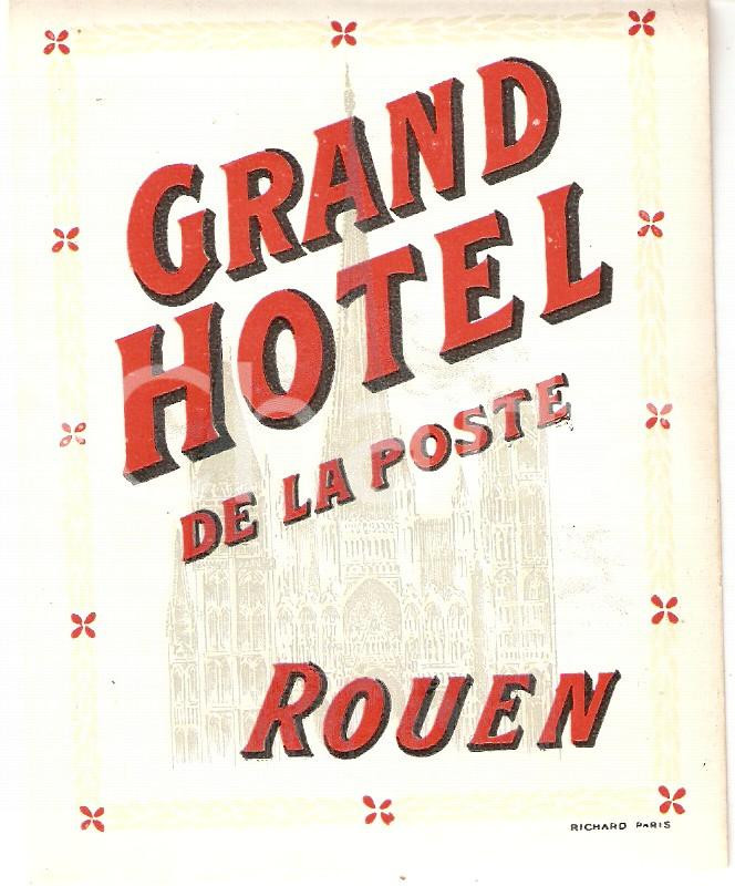 Materiale pubblicitario d’epoca 1940 ca ROUEN FRANCE Grand hotel de la poste Etichetta per bagagli ILLUSTRATA 1