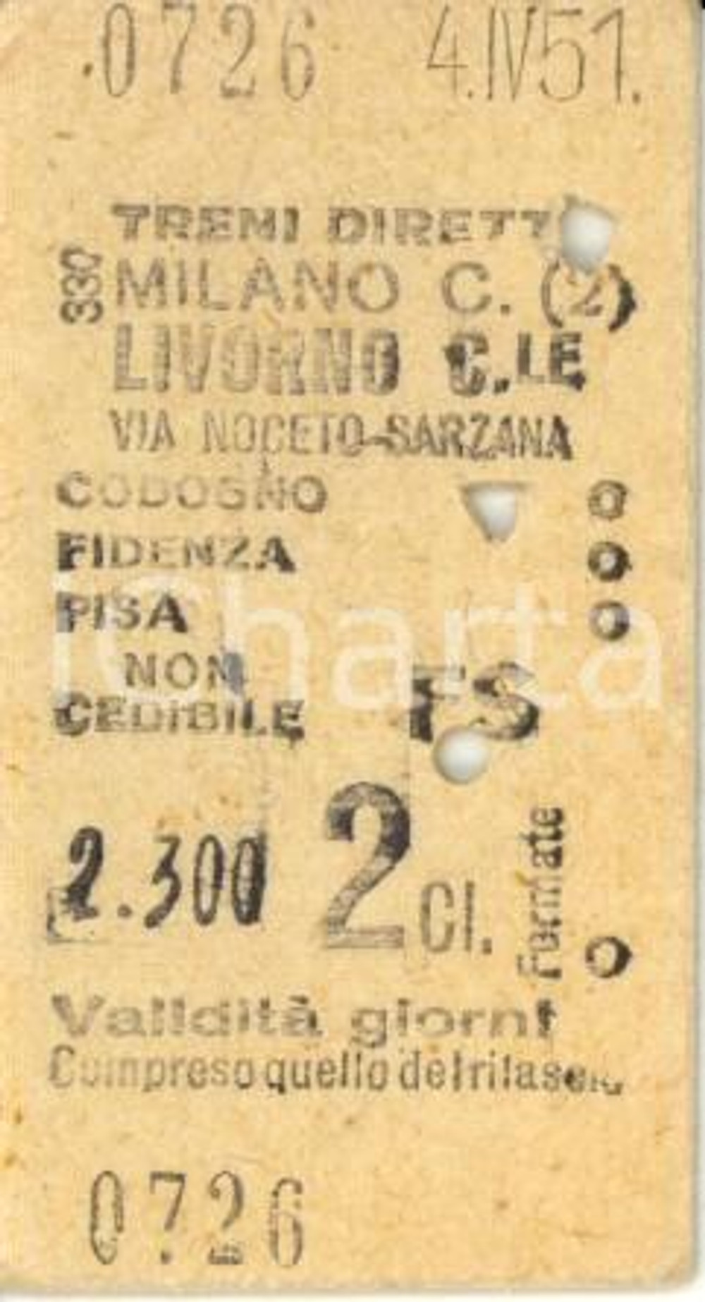 Oggetto da collezione cartaceo 1951 FF.SS. MILANO - LIVORNO Biglietto ferroviario via PISA seconda classe 1