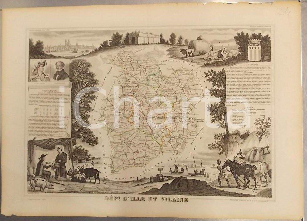 Stampa, bozzetto originale 1861 PARIS Atlas National de la France illustré Département ILLE ET VILAINE n°34 1