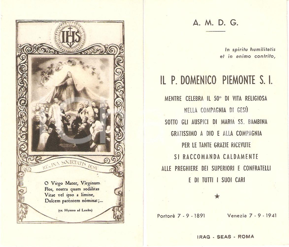 Oggetto da collezione cartaceo 1941 VENEZIA Padre Domenico PIEMONTE 50° Anniversario di sacerdozio Santino 1