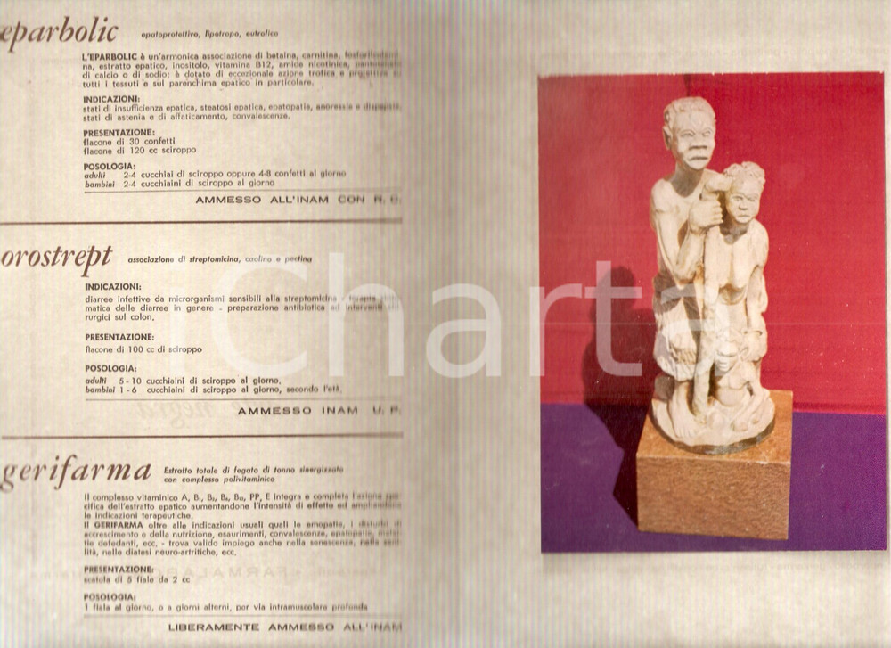 Materiale pubblicitario d’epoca 1963 MILANO  FARMALABOR Eparbolic OROSTREPT Gerifarma Arte negra dei BAKONGO 1
