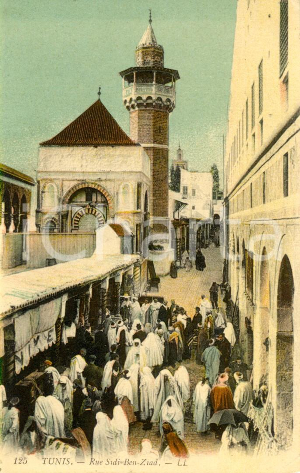 Cartolina originale da collezione 1910 ca TUNISI Rue SIDIBENZIAD affollata per il mercato Cartolina ANIMATA 1