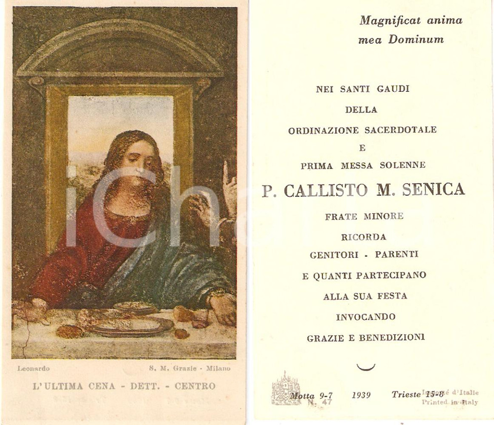 Oggetto da collezione cartaceo 1939 TRIESTE Padre Callisto M. SENICA Ordinazione e Prima Messa Santino 1