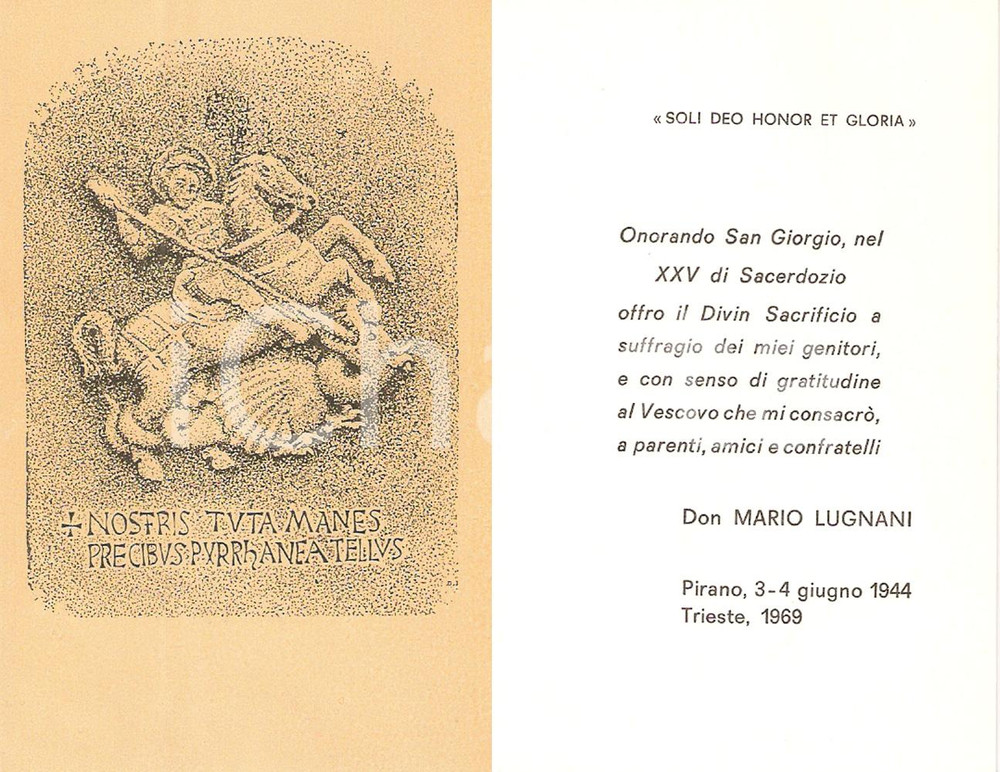 Oggetto da collezione cartaceo 1969 TRIESTE Don Mario LUGNANI Venticinquesimo di sacerdozio Santino 1
