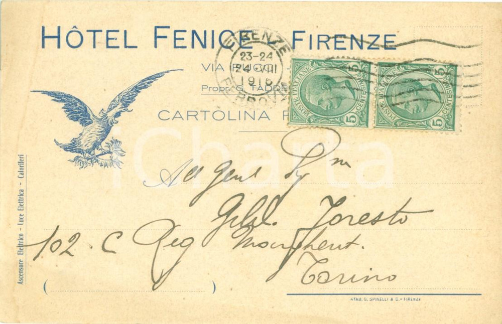 Cartolina originale da collezione 1916 FIRENZE Hotel FENICE in Via PUCCI *Cartolina pubblicitaria FP VG 1