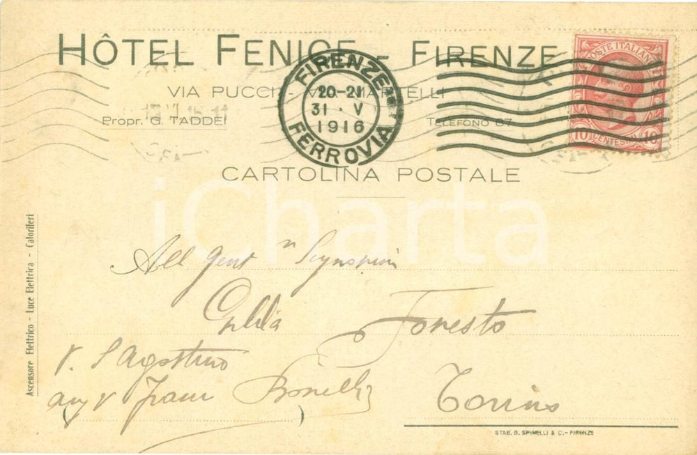 Cartolina originale da collezione 1916 FIRENZE Hotel FENICE in Via PUCCI  Via MARTELLI Cartolina pubblicitaria FP 1