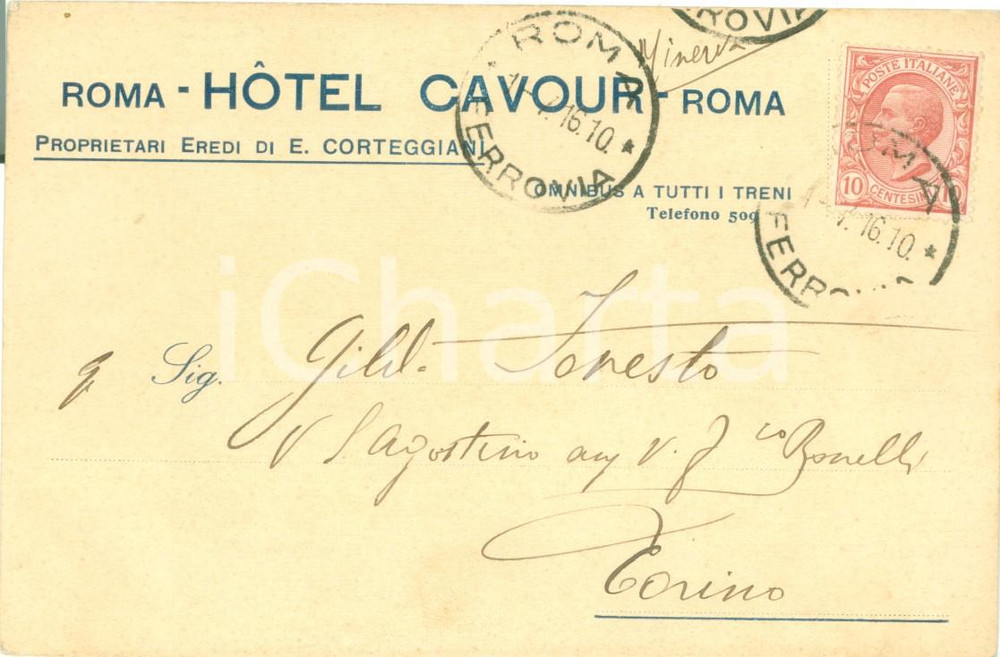 Cartolina originale da collezione 1916 ROMA Hotel CAVOUR Proprietari Eredi CORTEGGIANI Cartolina pubblicitaria FP 1