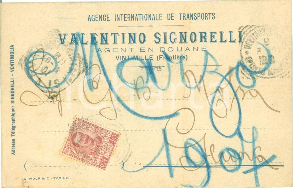 Cartolina originale da collezione 1907 VENTIMIGLIA IM Valentino SIGNORELLI agente DOGANA trasporti Cartolina FP 1