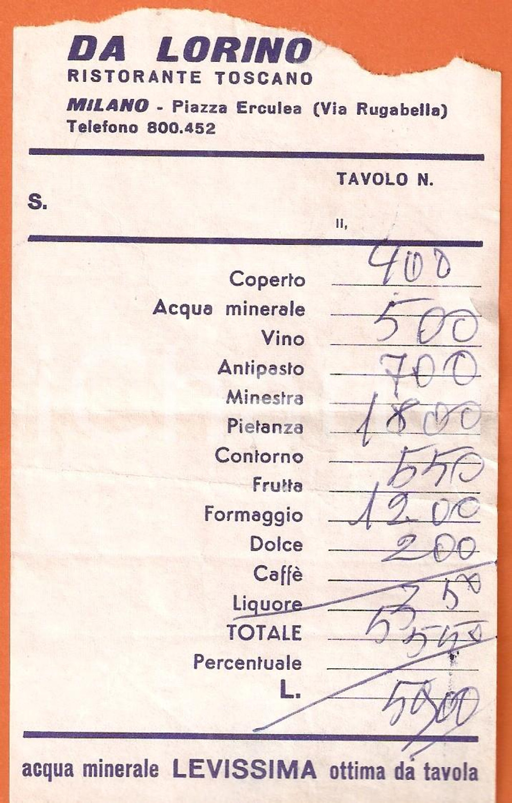 Materiale pubblicitario d’epoca 1965 ca MILANO Ristorante toscano DA LORINO Acqua minerale LEVISSIMA Ricevuta 1