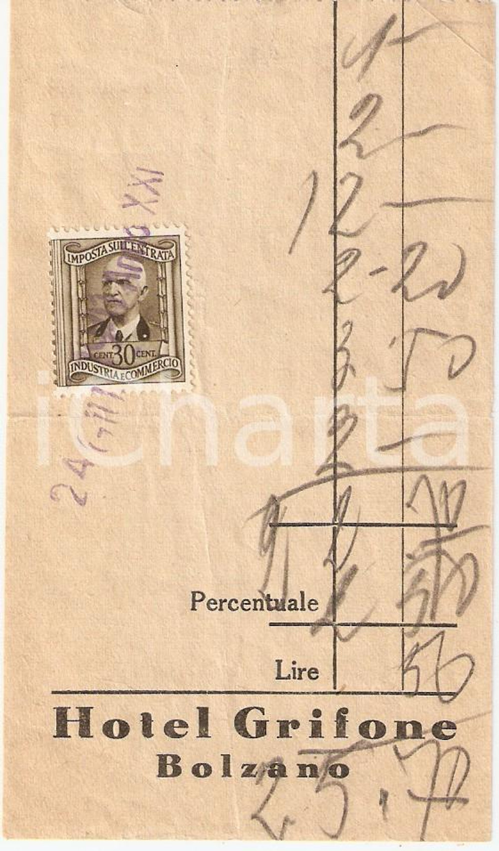 Materiale pubblicitario d’epoca 1943 BOLZANO Hotel GRIFONE *Ricevuta 1